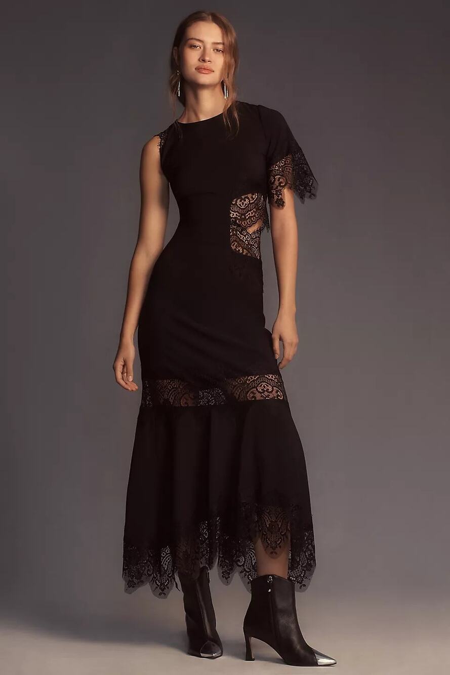 Hutch for Anthropologie Asymmetrical Lace Mix Slip Dress M Black Maxi Rare